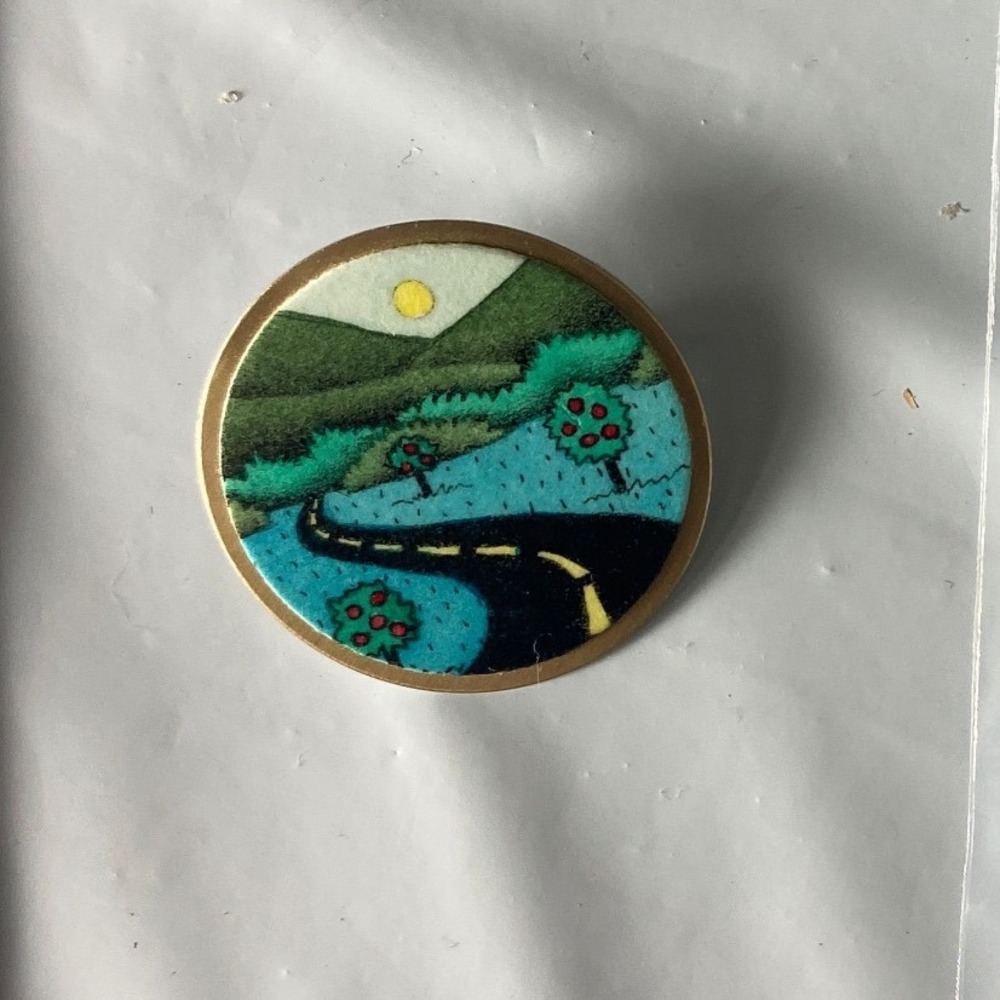 Vintage Enamel Landscape Pin Round Mountain Road Nature Scene Cloisonne Brooch
